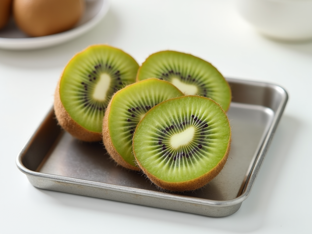 Fresh kiwi fruit cut in half showing green flesh and black seeds