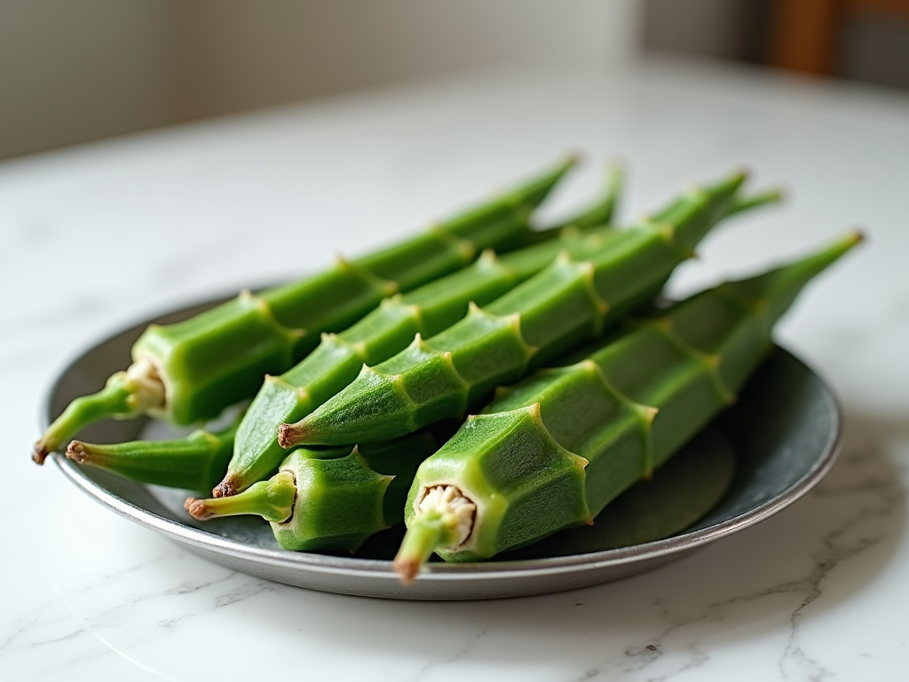 Fresh green okra pods