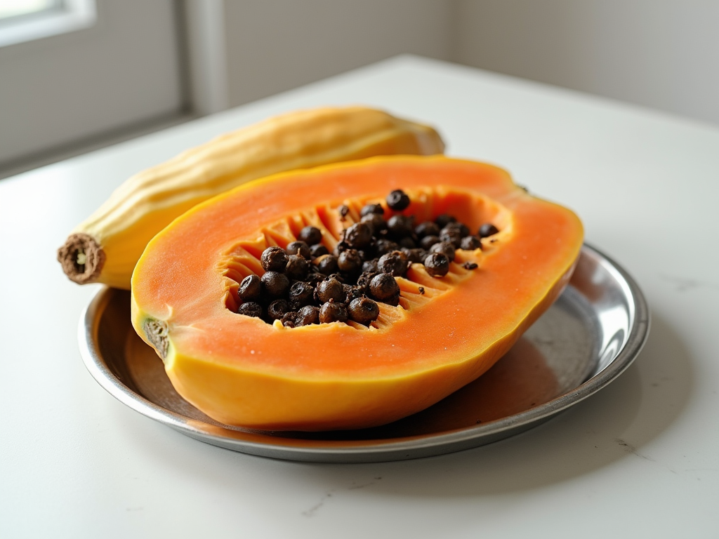 Fresh ripe papaya fruit cut in half showing orange flesh and black seeds