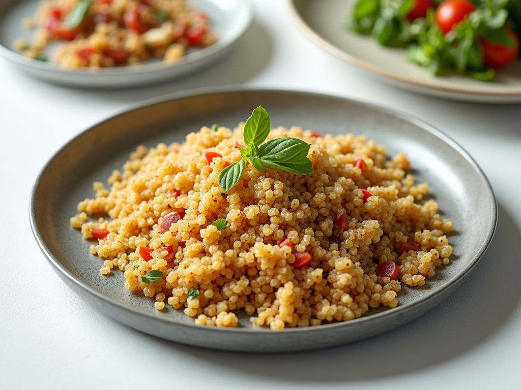 Raw and cooked quinoa grains