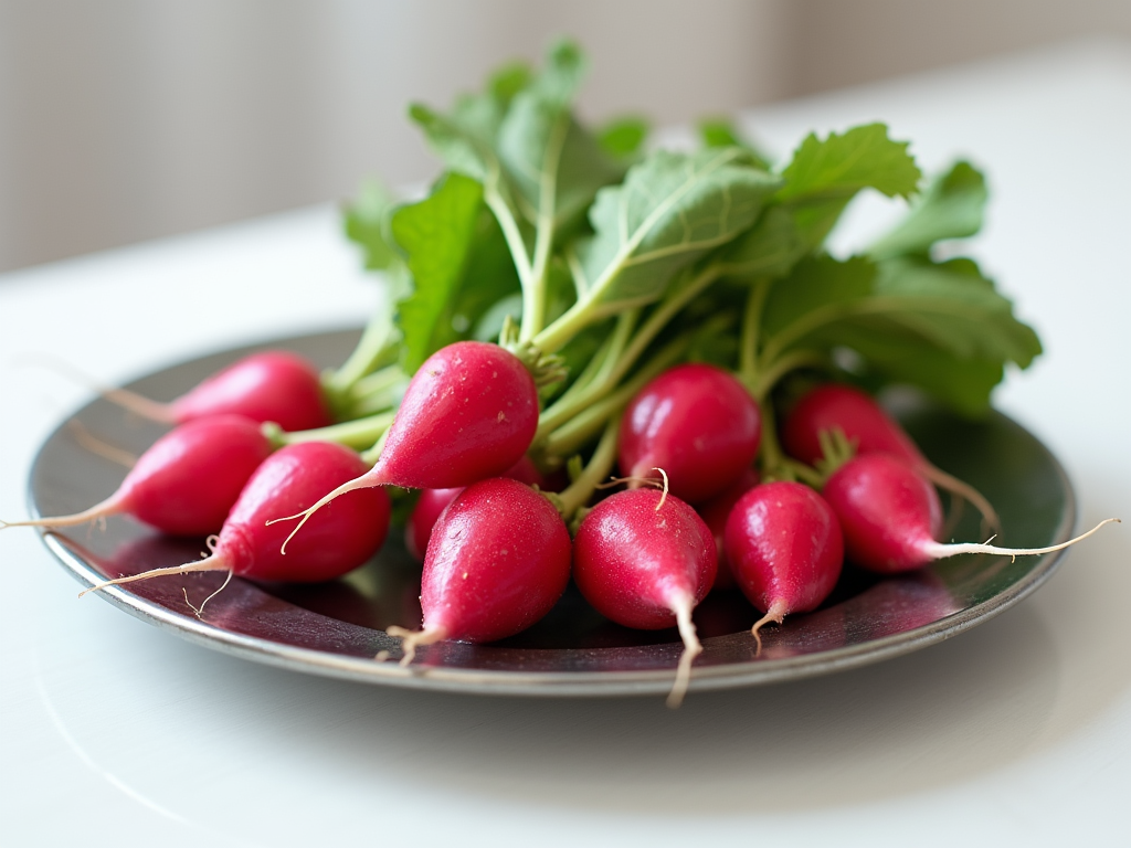 Fresh red radishes with green leaves