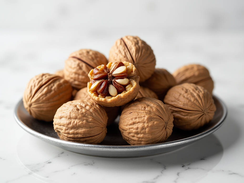 Fresh whole and halved walnuts